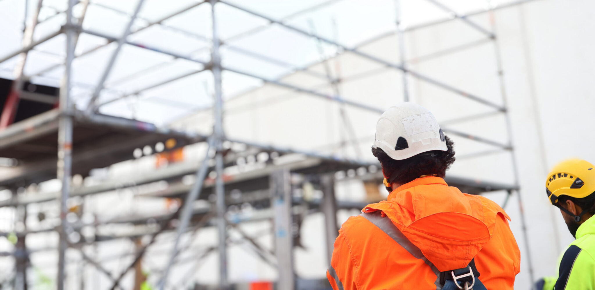 Two learners standing and looking at scaffold